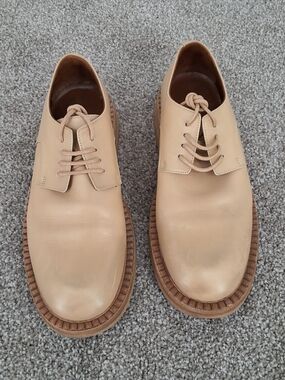 Womens Sz 36 Beige Leather Derby Shoes - Minimal Lace-Up Dress